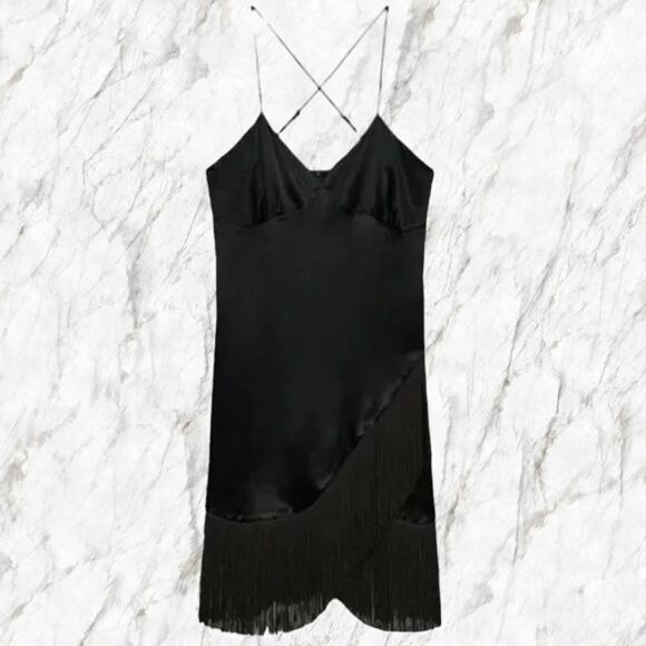 NWT Zara Black Fringe Mini Dress Medium W/Stretch MSRP $129 - Picture 4 of 6